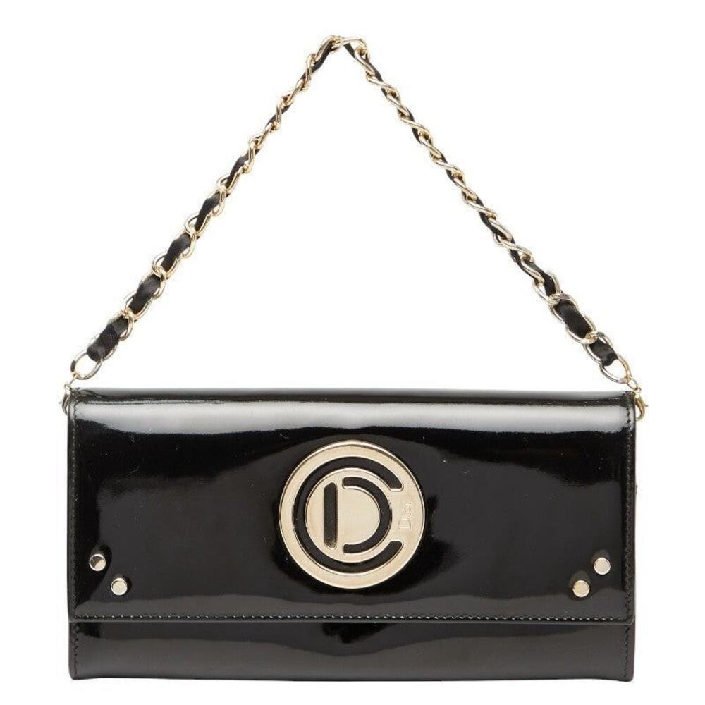 Dior Patent Leather Logo Chain Long Wallet Black
